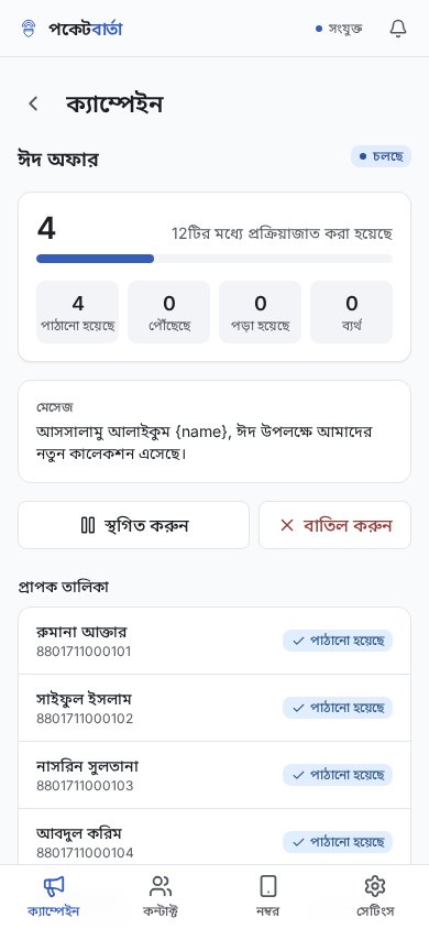 মোবাইল থেকে পকেটবার্তা ক্যাম্পেইন পাঠানো হচ্ছে, যেখানে প্রতিটি কাস্টমারের বাংলা নামের পাশে টিক চিহ্ন পড়ছে।